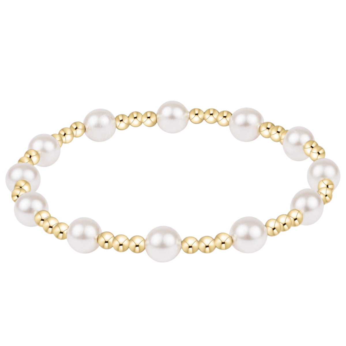 Extends Sincerity 6mm bracelet featuring white crystal pearls and 14kt gold-filled beads.
