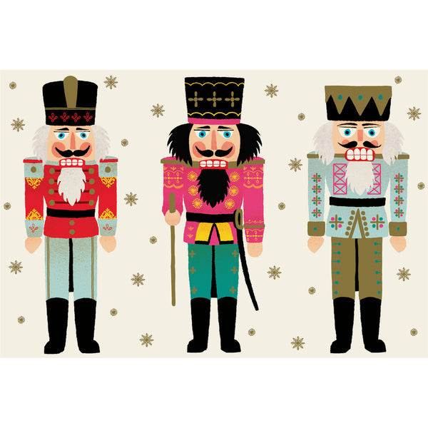Wooden nutcracker-themed placemat with festive holiday patterns.