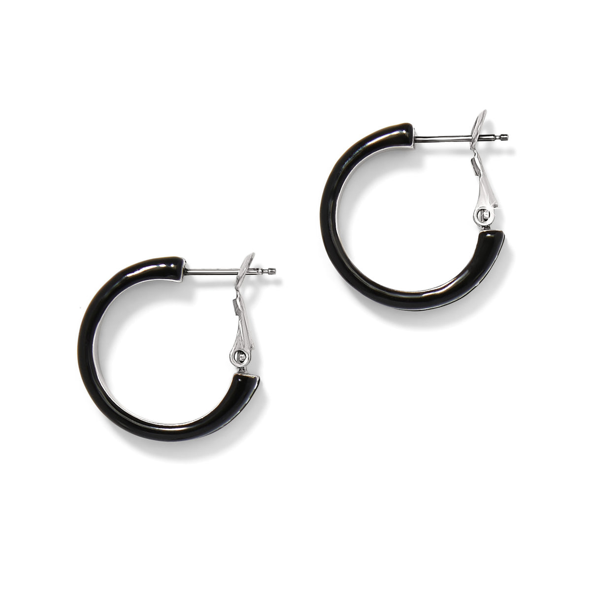 Meridian silver-tone hoop earrings with black enamel and post-back closures.