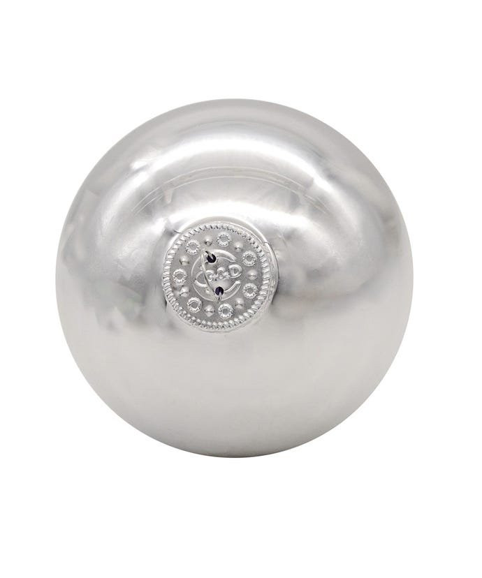 65mm shiny silver glass ball Christmas ornament with a decorative silver cap.
