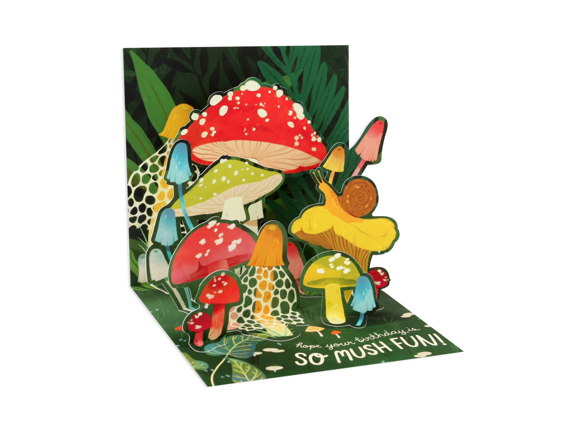 Pop-up birthday card featuring colorful mushrooms and a snail with gold foil text.