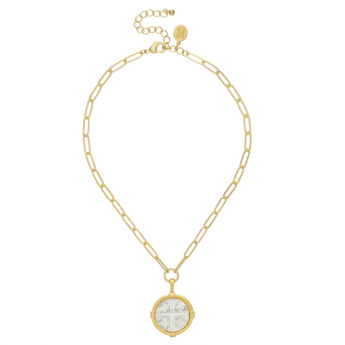 Ida Jerusalem Cross Necklace with gold paperclip chain and mother of pearl pendant.