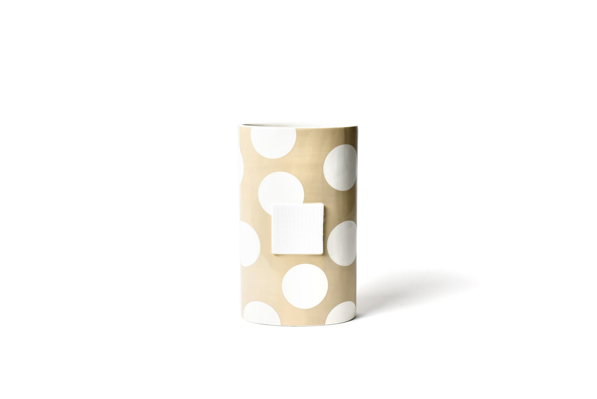 Ceramic oval vase in neutral tone with oversized white polka dots featuring a sleek silhouette and hook-and-loop fastener.
