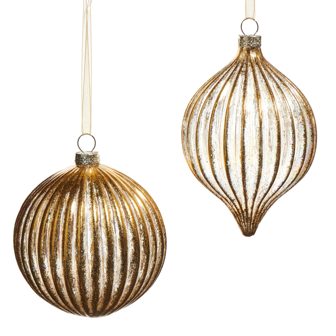 Two gold ribbed glass Christmas ornaments, one round and one teardrop shape, with hanging ribbons.
