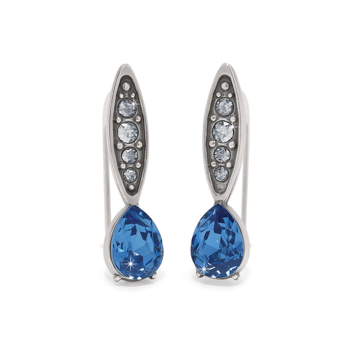 Silver plated French wire earrings with blue crystal drops.