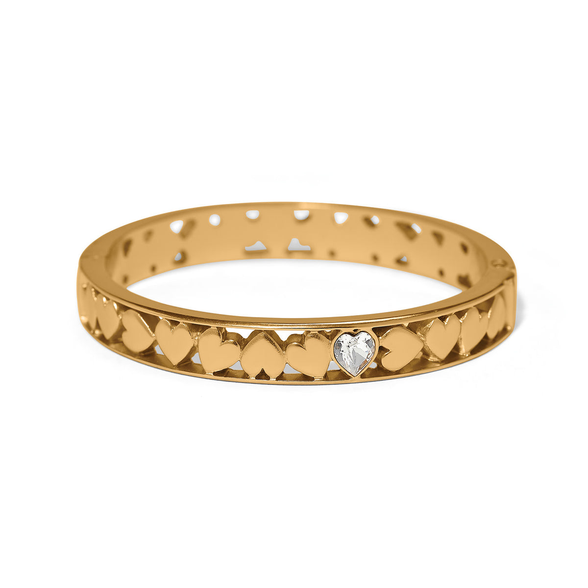 Gold plated hinged bangle bracelet featuring a subtle heart motif with fine quality crystals.