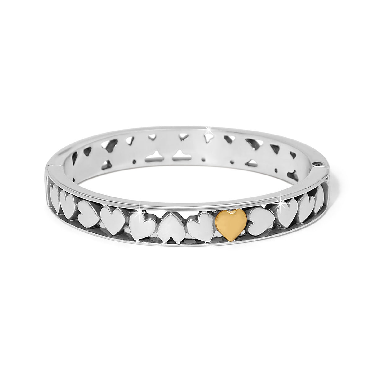 Silver-gold two-tone hinged bangle bracelet with subtle heart motif