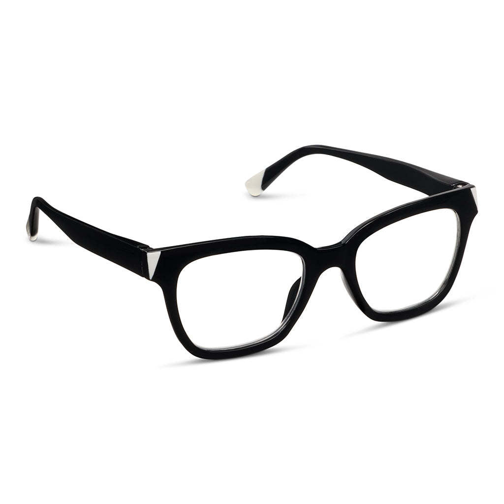 Black Myth eyeglasses with thin frames, blue light lenses, and recycled polycarbonate material.