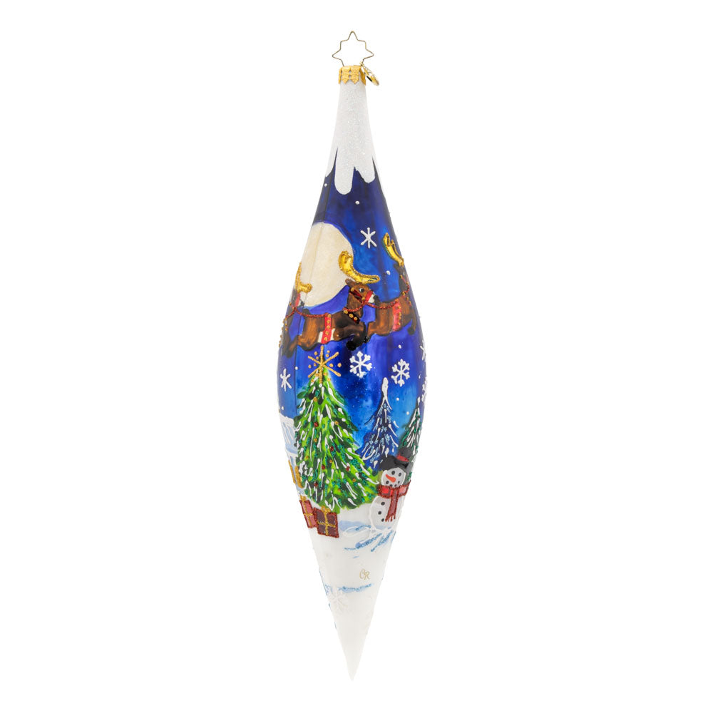 Moonlight Sleigh Ride Icicle glass ornament with hand-painted winter scene and reindeer.