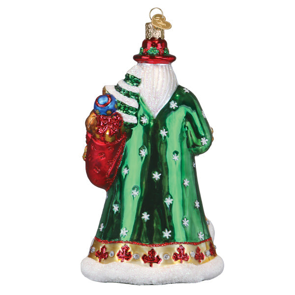 Canadian Santa ornament in red with a maple leaf accent on its hat.