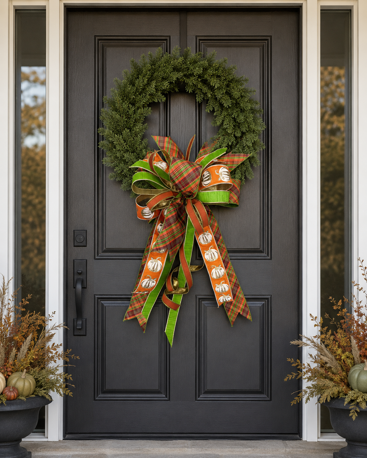 Handcrafted fall bow with plaid, pumpkin, and green ribbons on a green wreath on a dark front door.