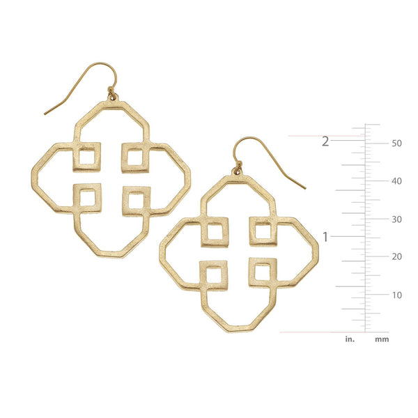 Gold filigree cut out earrings with a geometric quatrefoil design and fishhook ear wires.