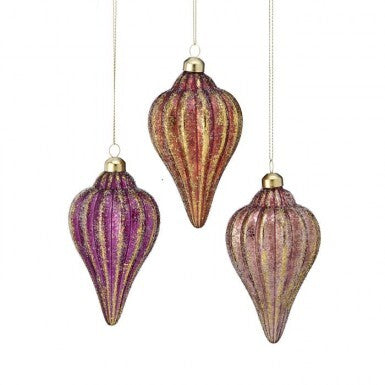 Three 5-inch glass southern finial ornaments in shades of purple and gold with glitter accents.