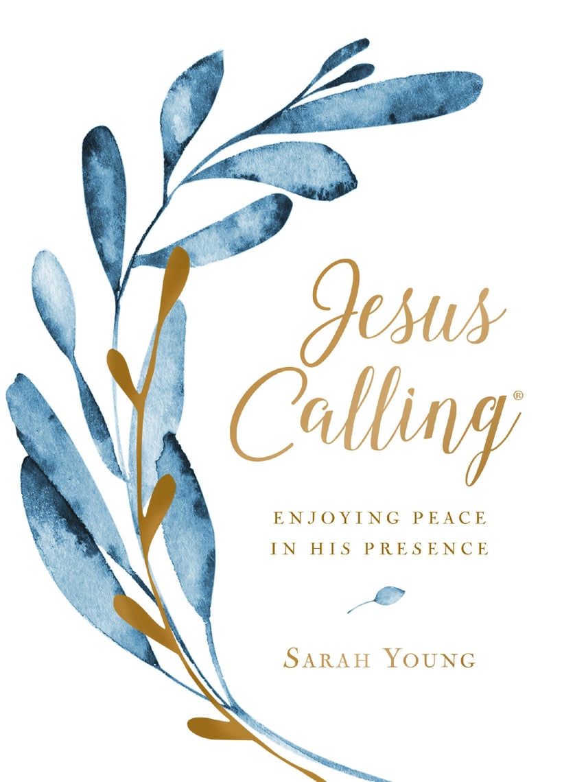 Jesus Calling book cover by Sarah Young with blue watercolor leaves and gold script lettering.