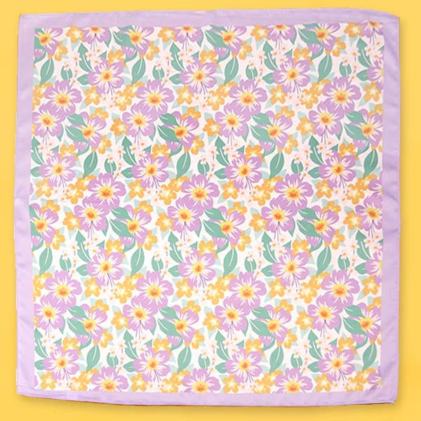 Tropical flower print silky bandana scarf with vibrant botanical patterns on a lightweight fabric.