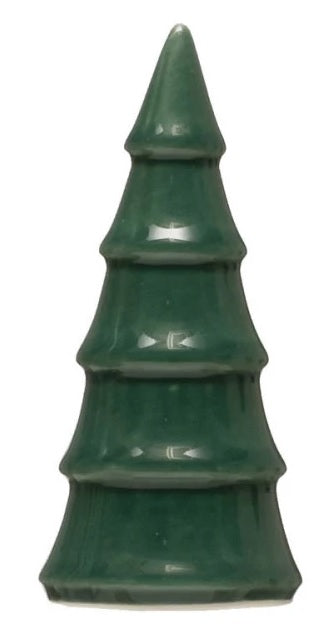 A 3.5-inch green porcelain Christmas tree figurine with a smooth, tiered silhouette.