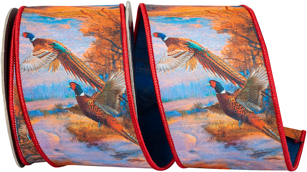 Pheasant Horizon Dupioni wired edge ribbon featuring flying pheasants over a rustic landscape.