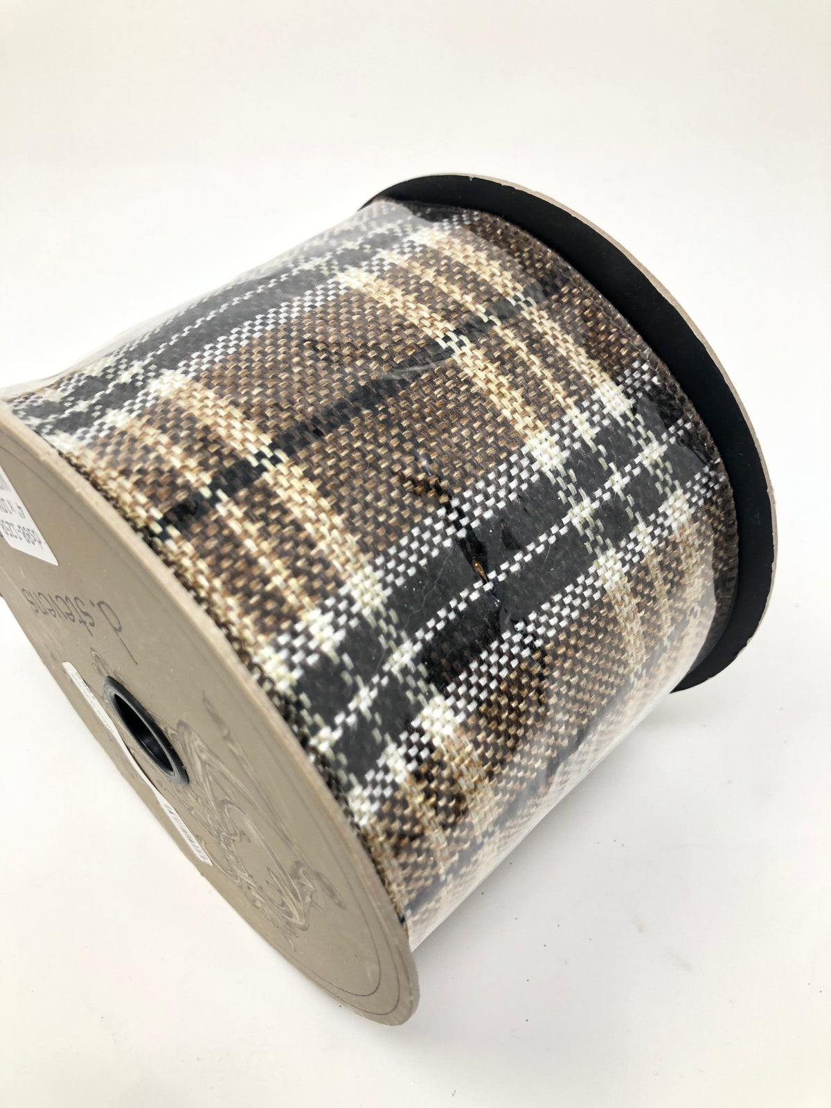 Four-inch wide brown plaid ribbon with cream tan colors featuring a black pattern.