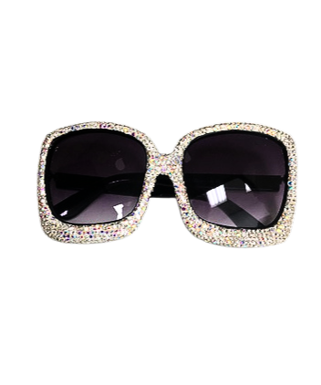 Oversized square sunglasses with a frame fully encrusted in multicolored rhinestones.
