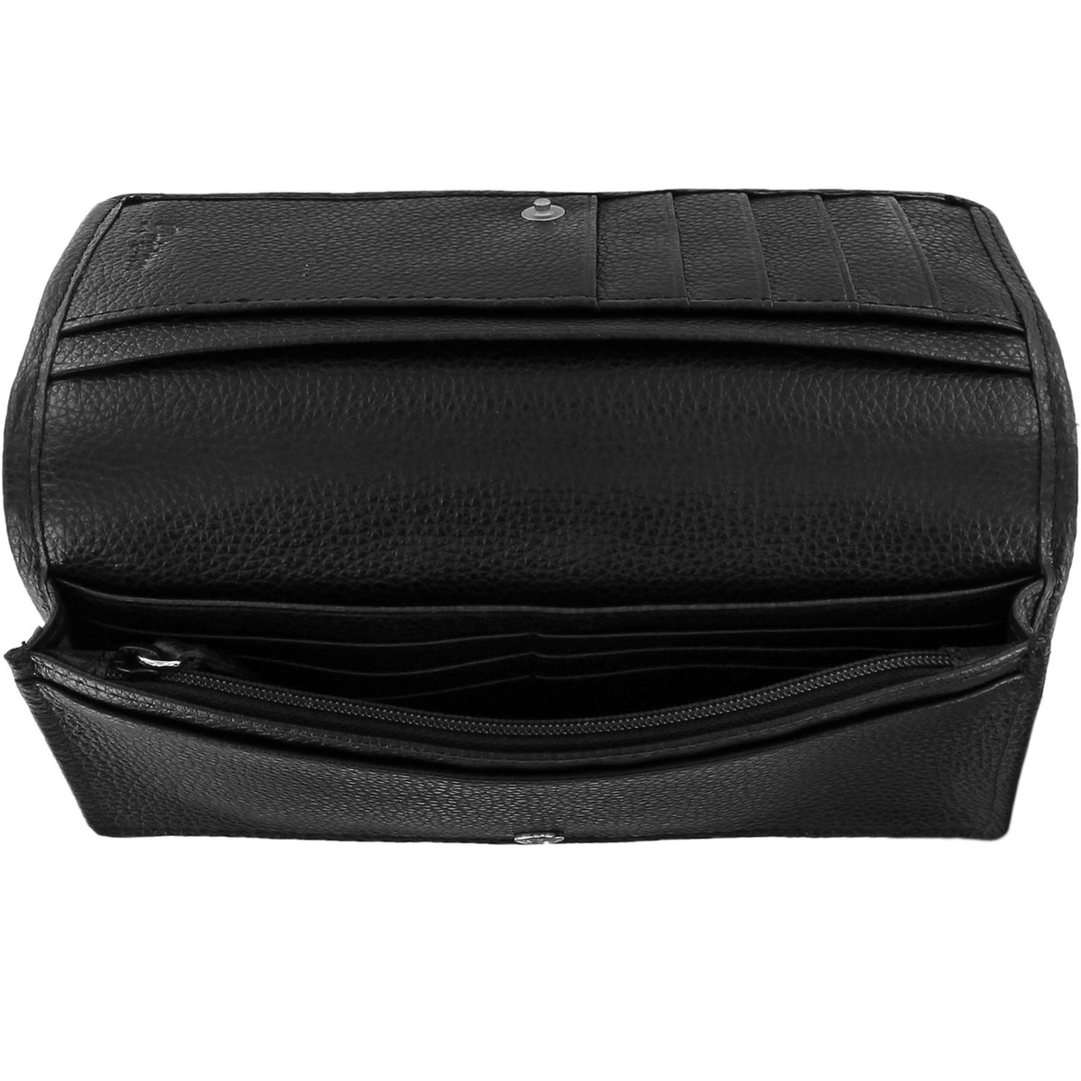 Black leather Interlok Rockmore wallet with snap closure, detachable strap, and multiple card slots.