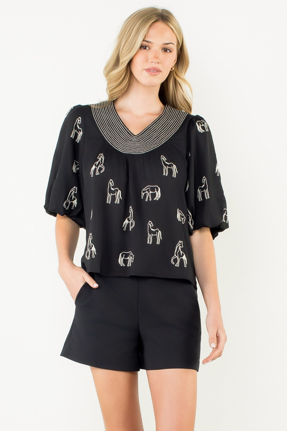 Abigail embroidered horse puff sleeve top in woven fabric with equestrian-inspired silhouette