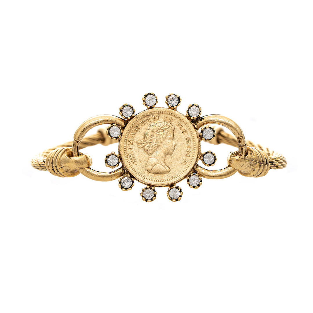 Gold Victoria Bracelet featuring a central Elizabeth II coin surrounded by clear crystals.