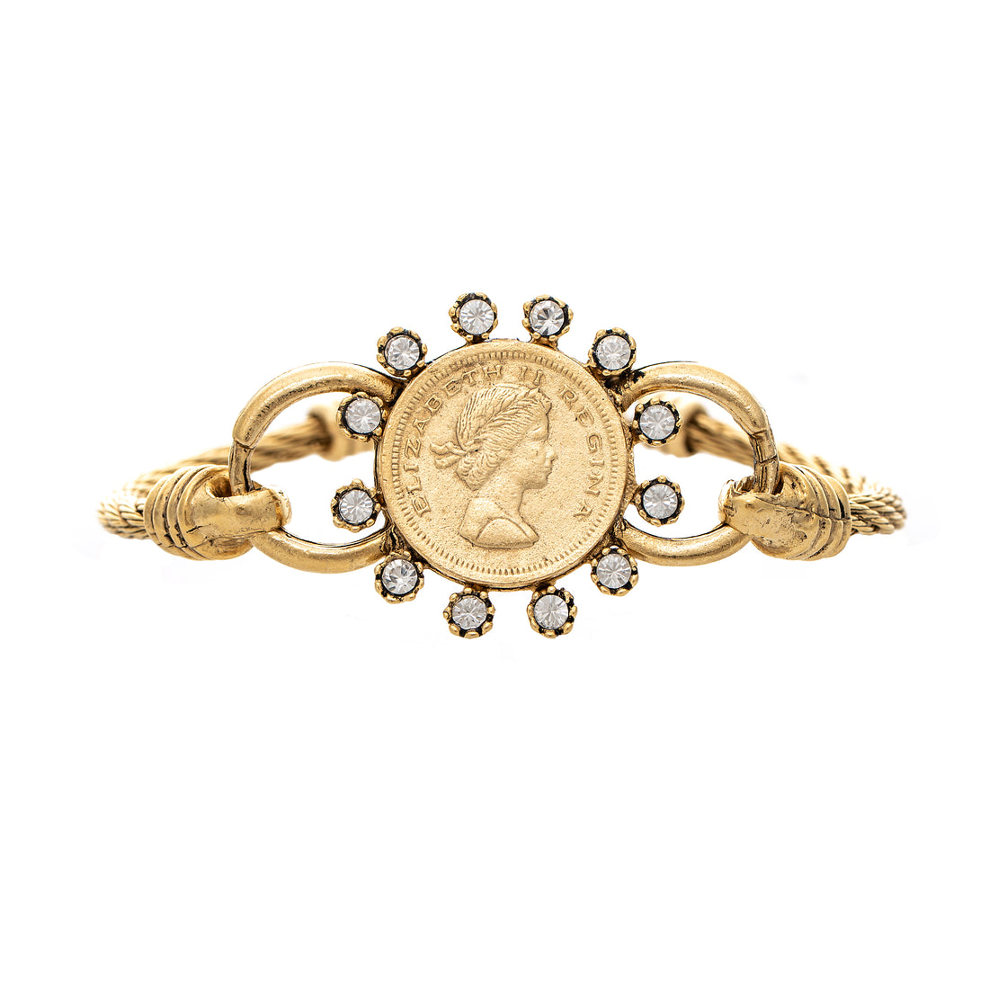 Gold Victoria Bracelet featuring a central Elizabeth II coin surrounded by clear crystals.