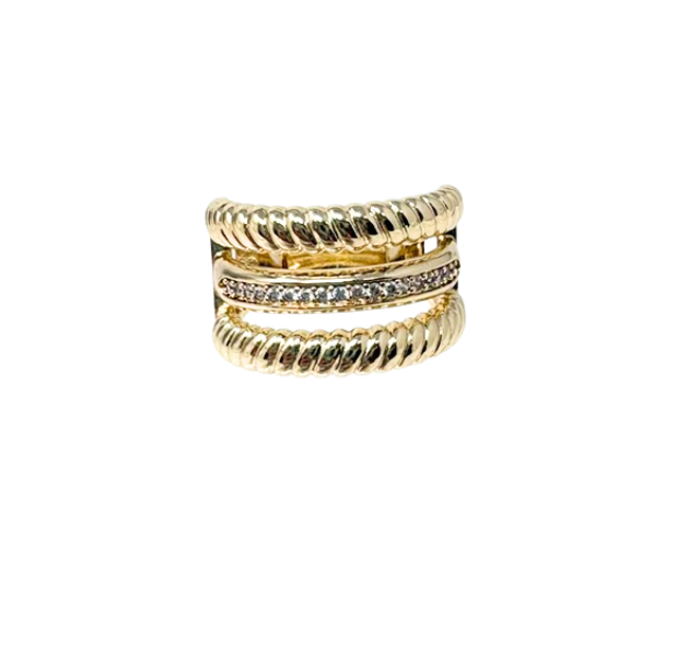 Gold-tone chunky statement ring with three bands, two twisted rope style and one crystal-encrusted.