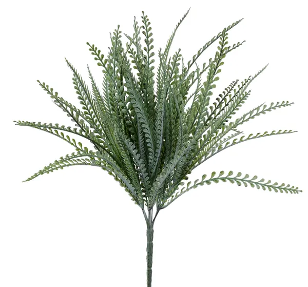 Set of seven artificial button fern bushes in plastic with green foliage.