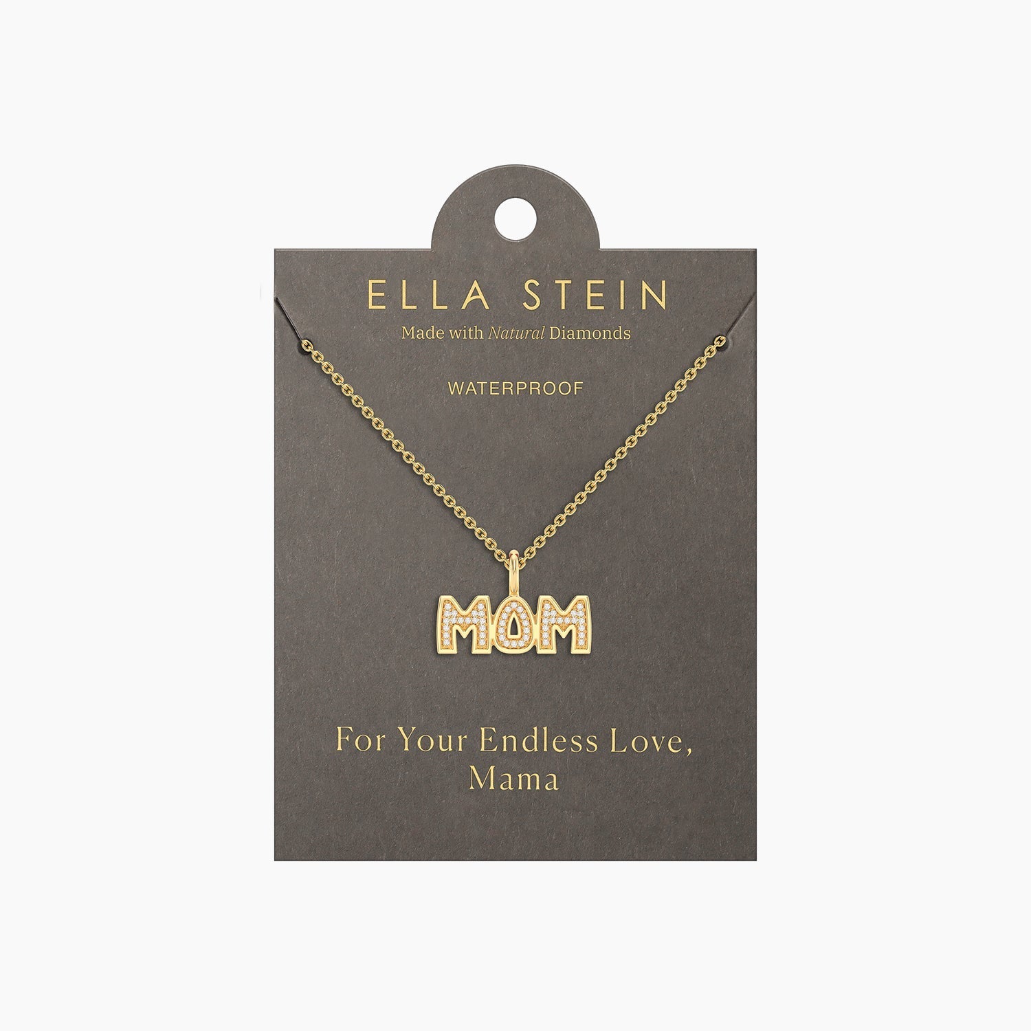 Gold plated stainless steel pendant necklace with engraved text on a silver chain.