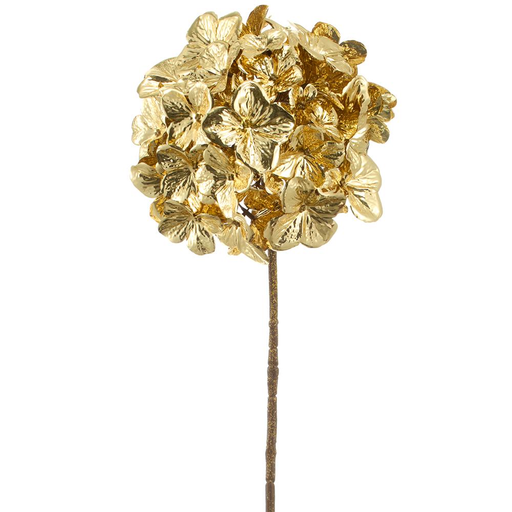 26-inch metallic gold hydrangea spray with a textured brown stem and shimmering flower head.