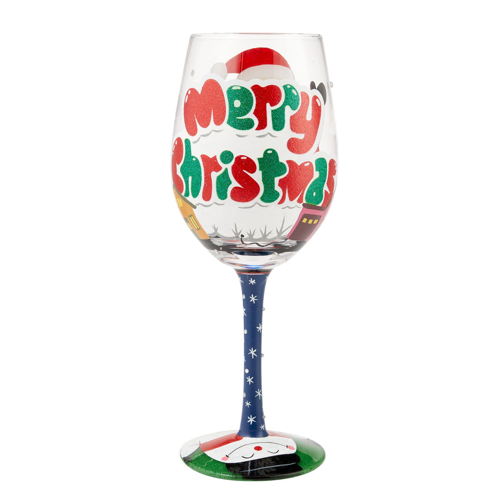 Blown glass wine glass with hand-painted colorful cocktail recipe base and glitter accents.