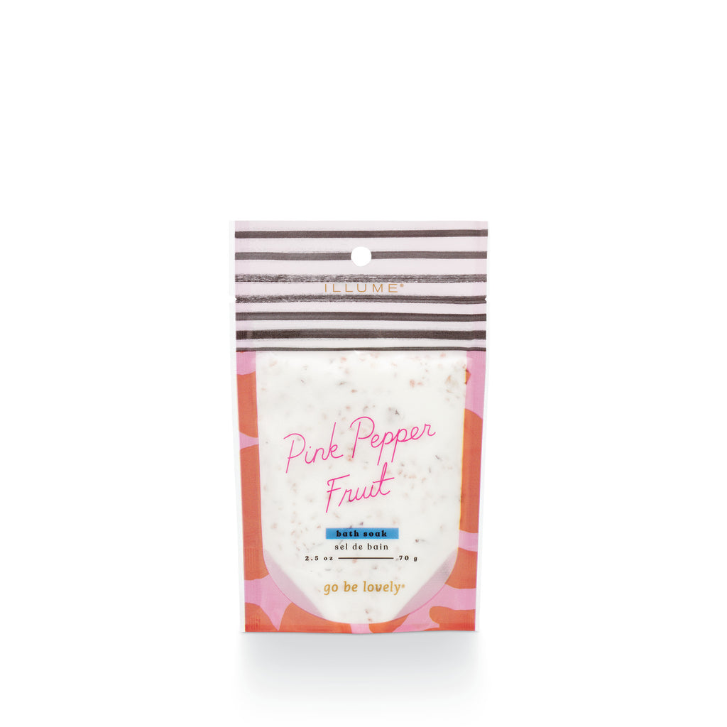 Pink Pepper Fruit bath soak packet with pink and white stripes and floral patterns.