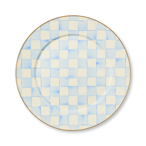 Hand-glazed steel serving platter with Sky Blue Checks pattern and bronzed stainless steel rim