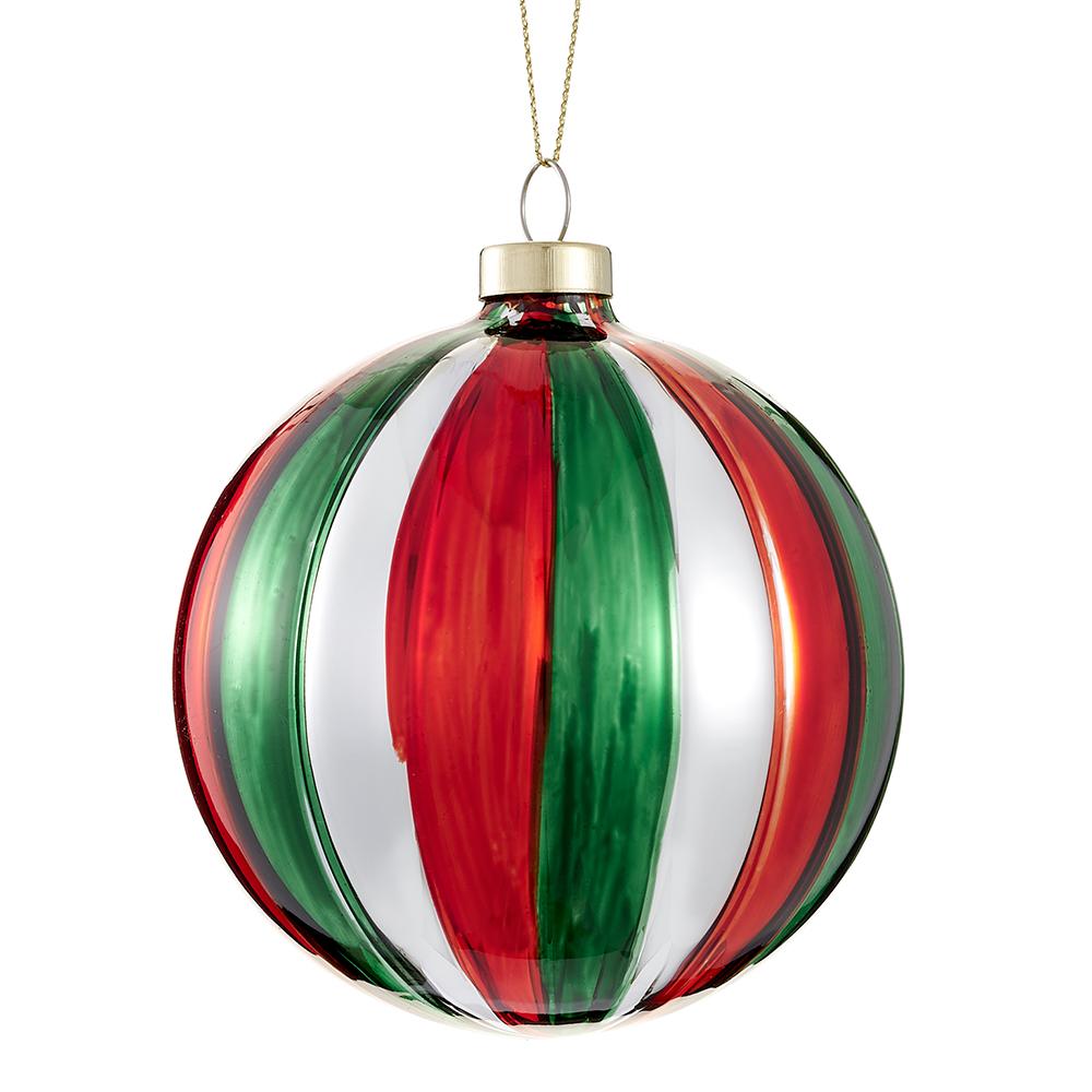 Red glass ball ornament with green accents