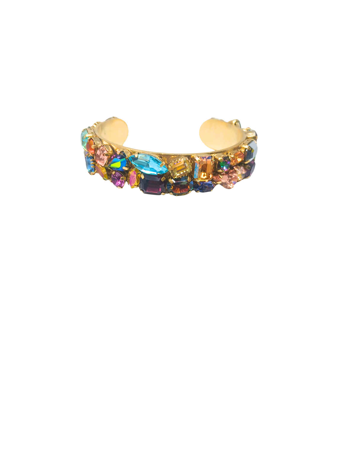 Gold-tone Johnny Cuff bracelet featuring a variety of multi-colored, multi-shaped crystals.
