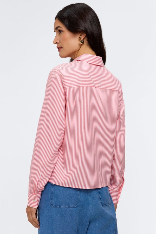 Jodie long sleeve short shirt in pinpoint stripe print made from cotton fabric.