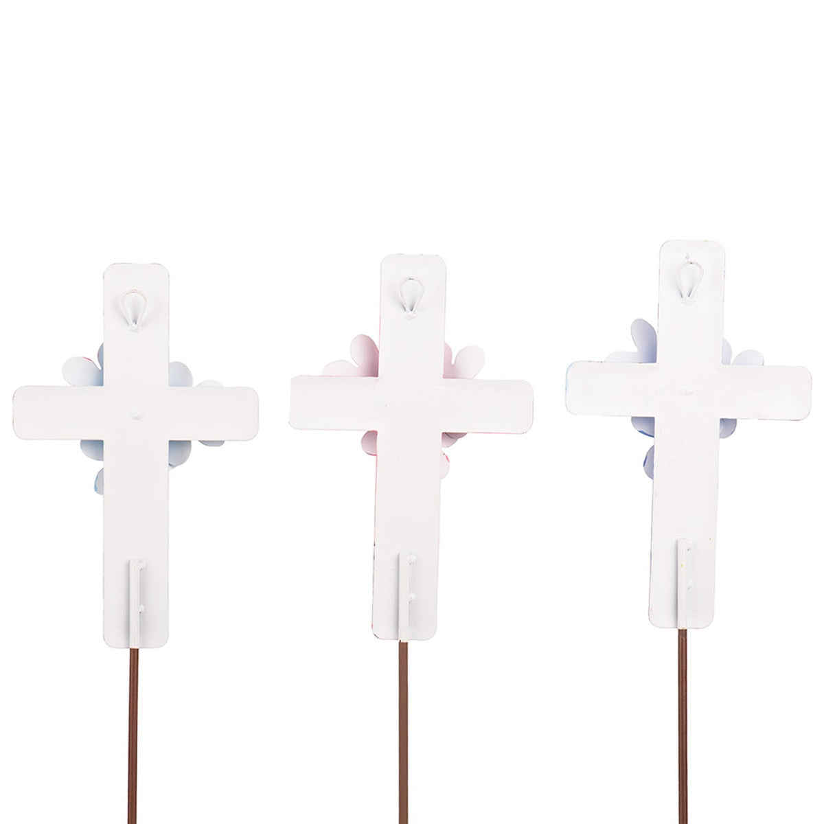 Floral Crosses stake with a white background featuring red floral crosses on green stems.