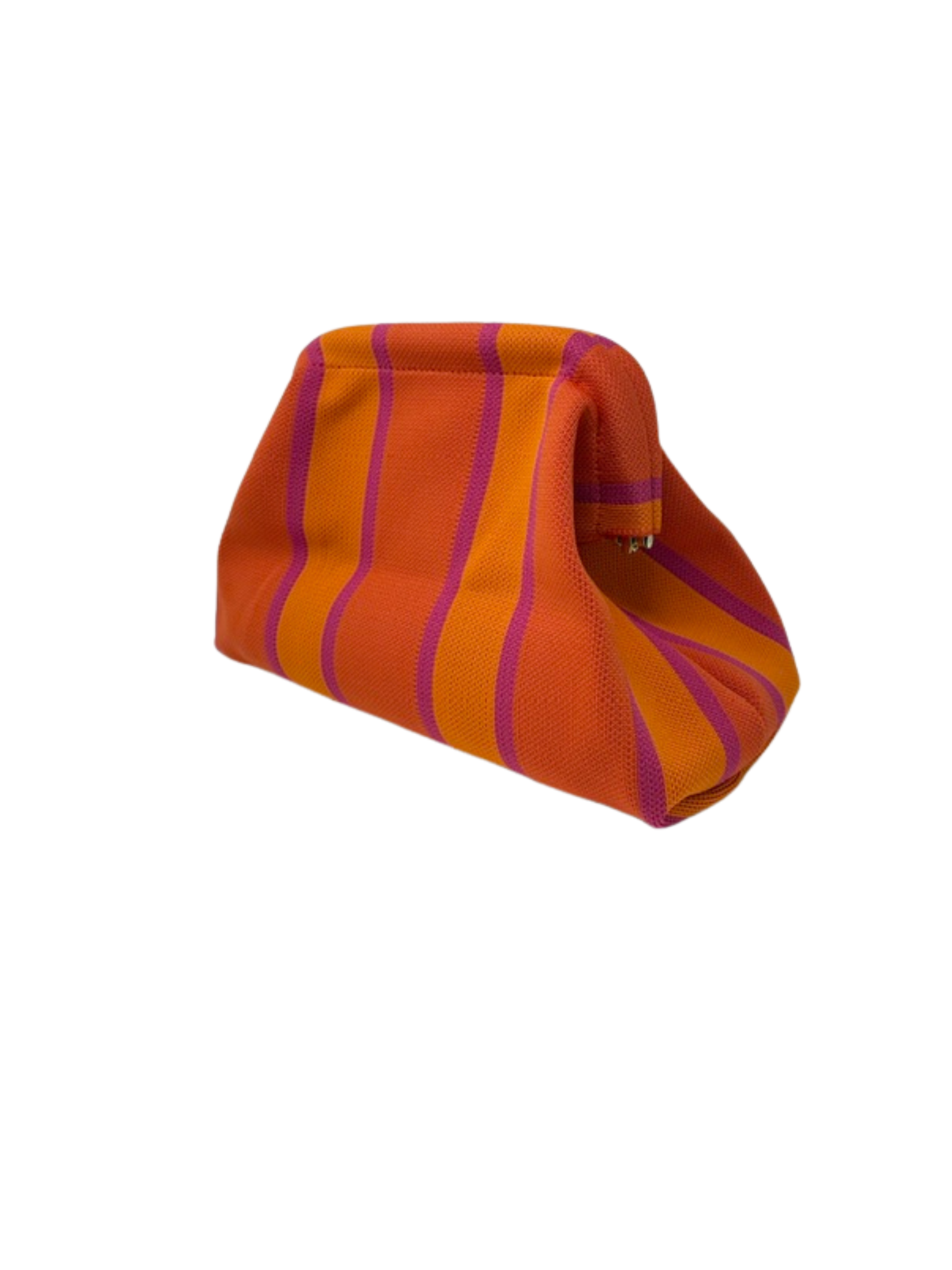Striped knit clutch bag with orange and pink vertical stripes and a slouchy, structured shape.