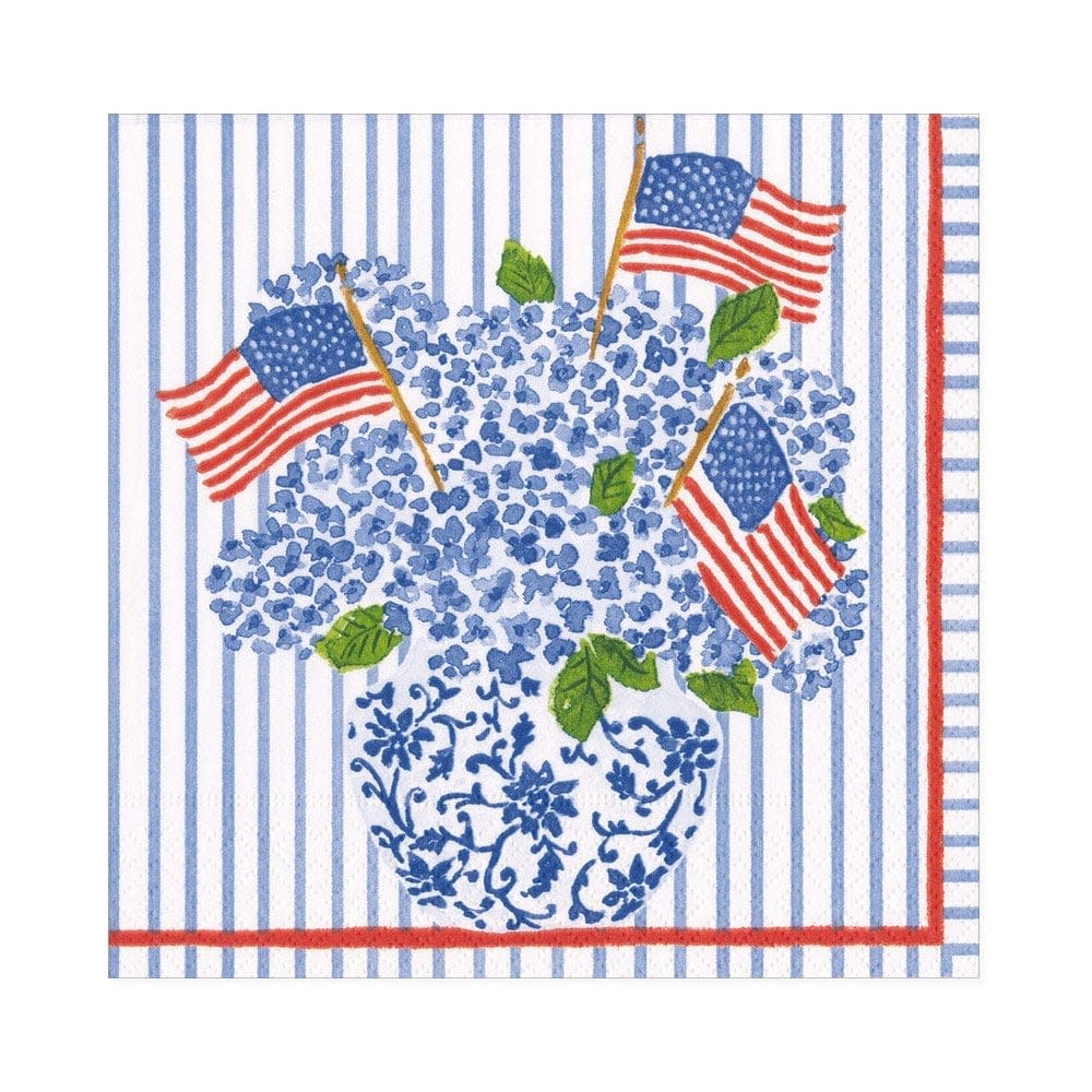 Triple-ply paper luncheon napkins featuring a printed flag pattern with hydrangea floral accents.