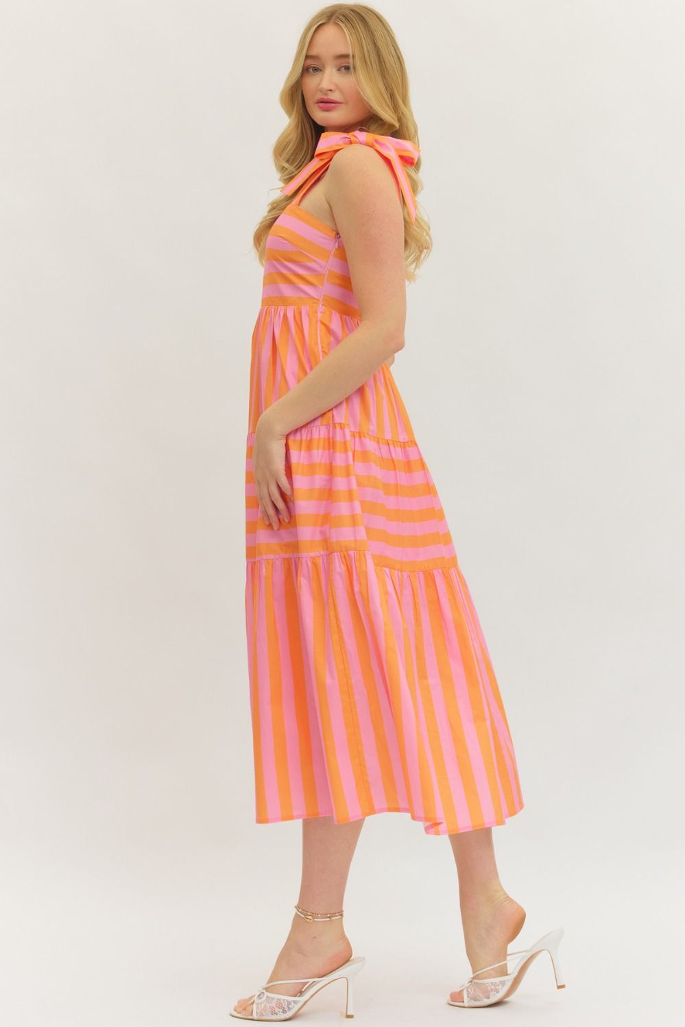 Zariyah striped sleeveless midi dress in cotton with bow straps and smocked back