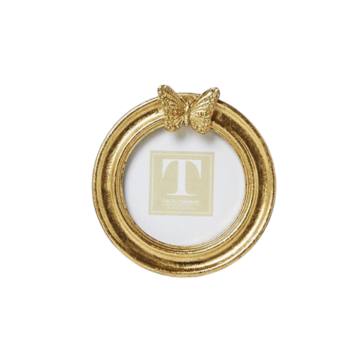 Round gold leaf finish photo frame with a decorative butterfly accent on top.