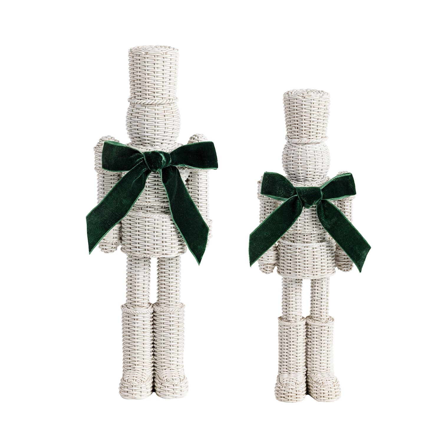 Two white hand-painted resin nutcrackers with a wicker-inspired texture and green velvet bows.