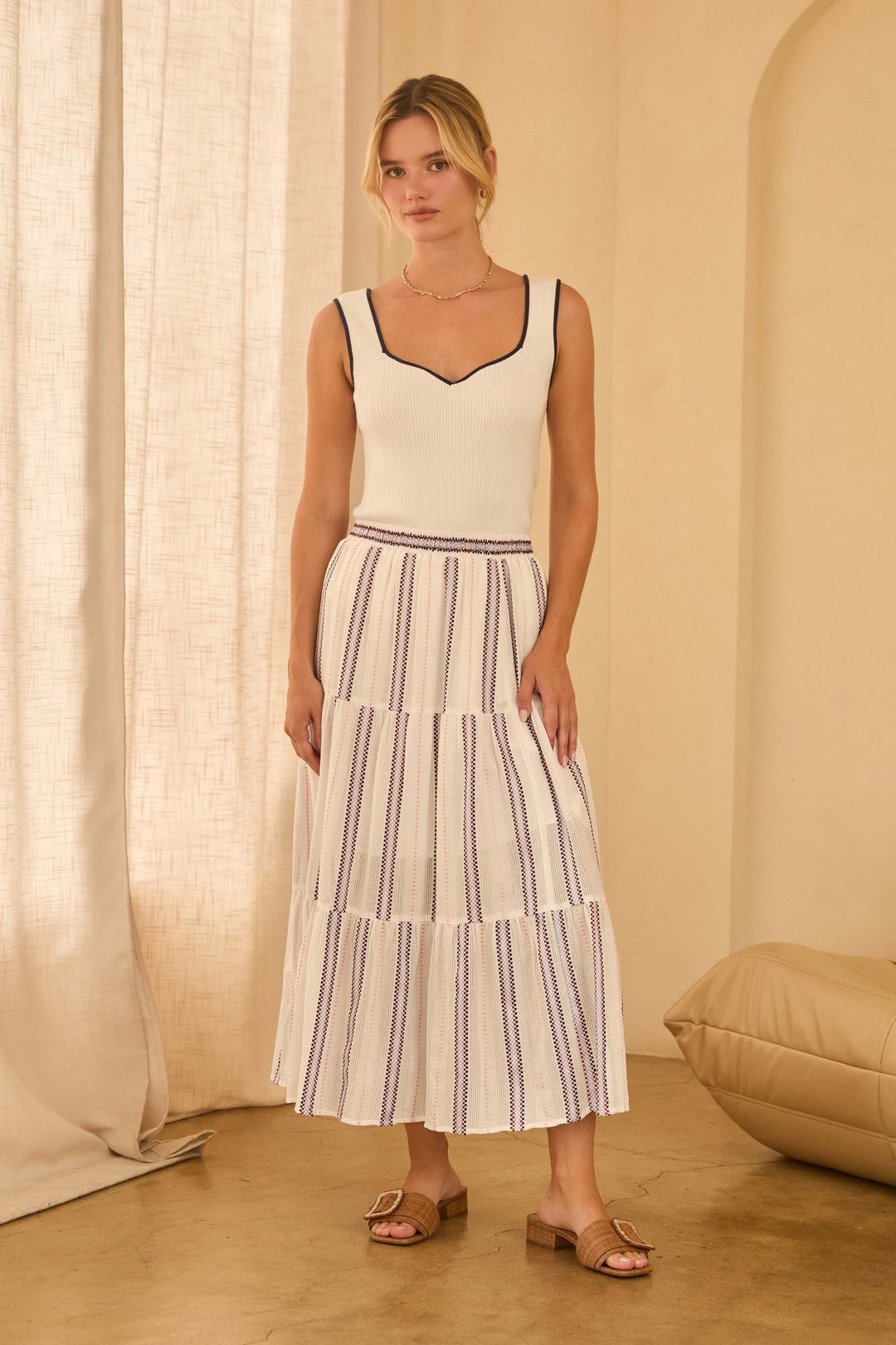 Chloe Stripe Tiered Midi Skirt