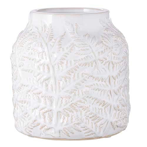 White ceramic vase with leaf embossed texture