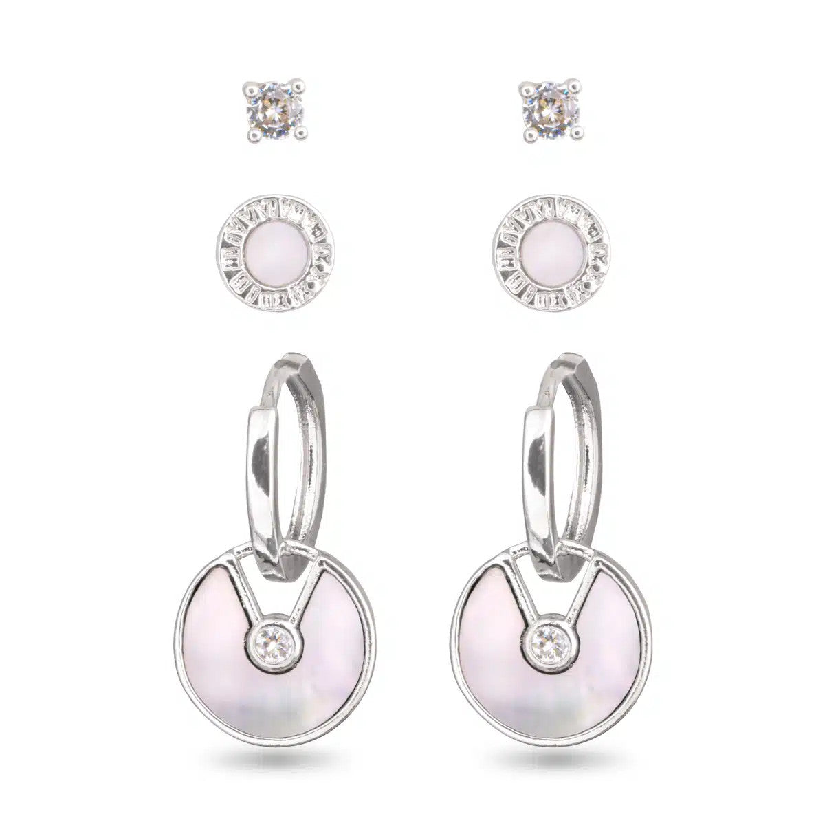 Silver trio earring set featuring CZ studs, round mother of pearl studs, and mother of pearl hoops.