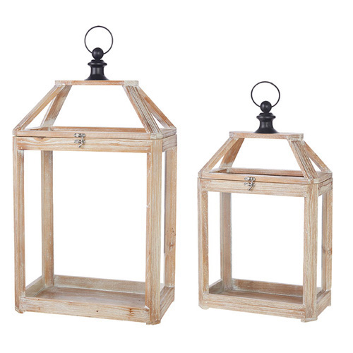 Large wooden lantern with glass panels in a classic rectangular shape.