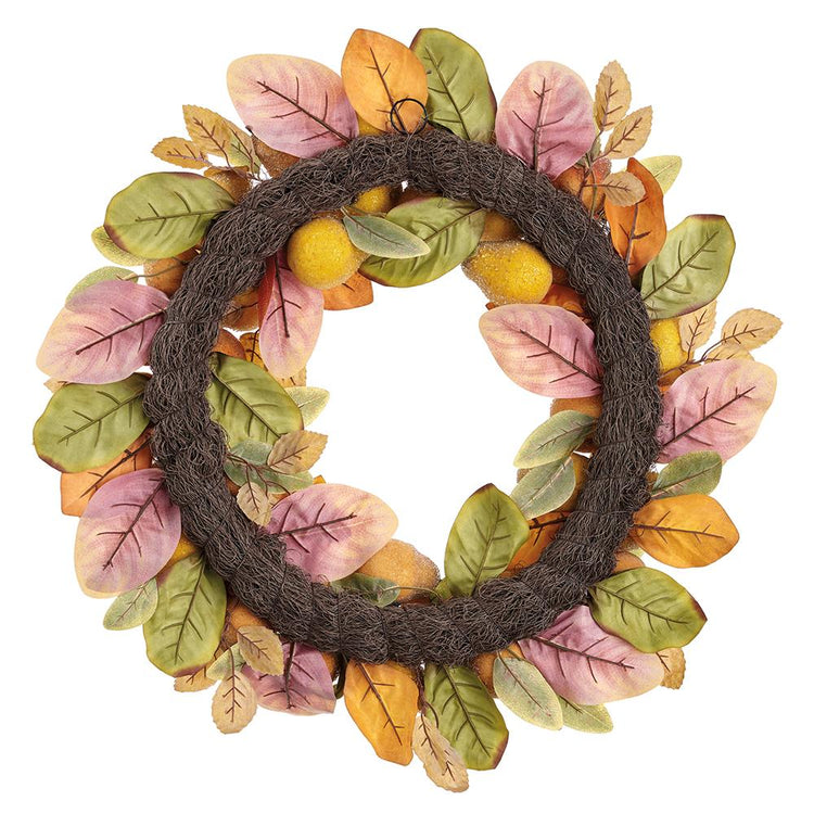 30-inch wreath with beaded yellow pears, autumn leaves in pink, green, and gold on a brown base.