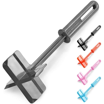 Heat resistant meat chopper with four stainless steel blades on a black handle.