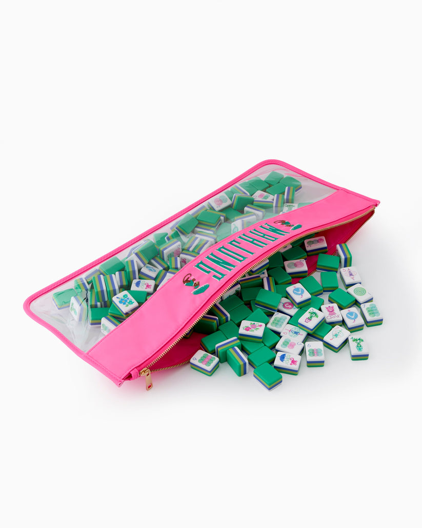 Pink Monkey Mahjong Bag with teal embroidery and clear window, filled with green mahjong tiles.